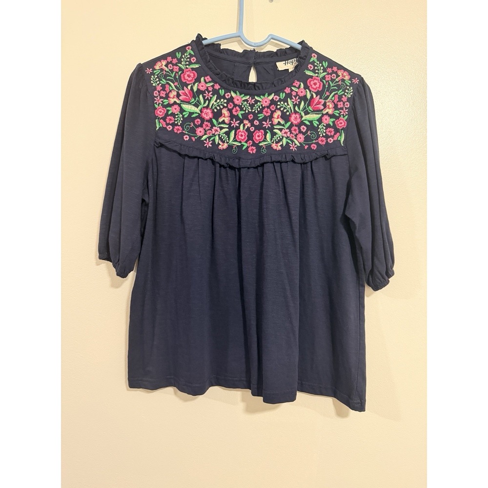 Women's Large Embroidered Cotton Blouse Navy Blue Indie Haptics By Holly Harper